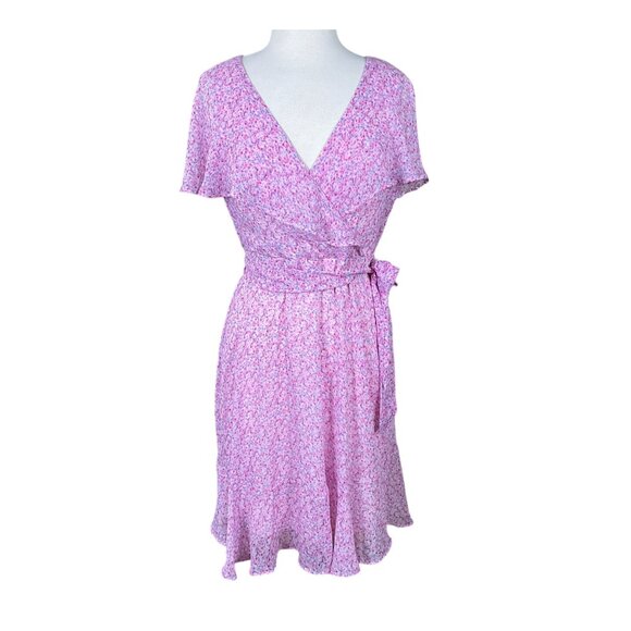 Dkny Dresses & Skirts - DKNY Short Sleeve Wrap Effect Pink Ditsy Floral Crepon Midi Dress Tie Belt 8
